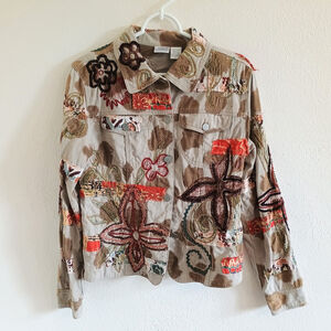Bleu Bayou Casual Wear Floral Art Embroidered Patchwork Jacket Button Up Size S